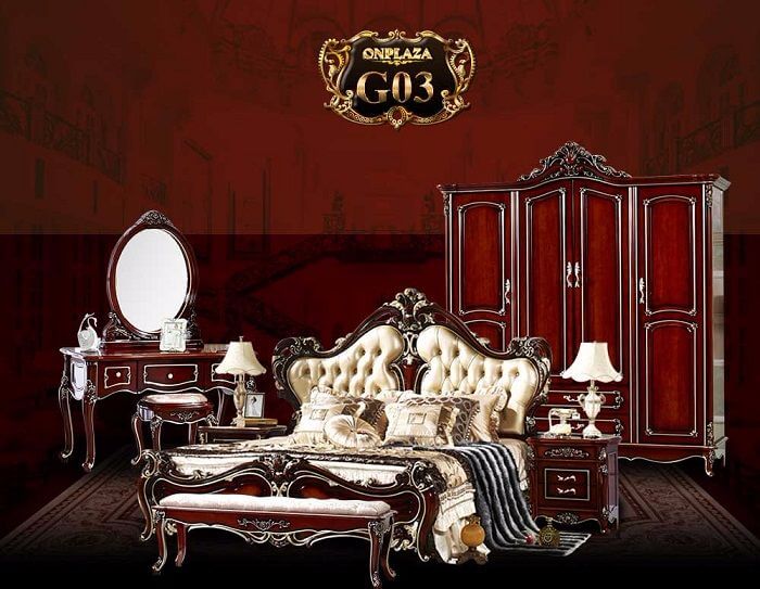Bộ giường ngủ gỗ thông kiểu hoàng gia bao nhồm nhiều sản phẩm