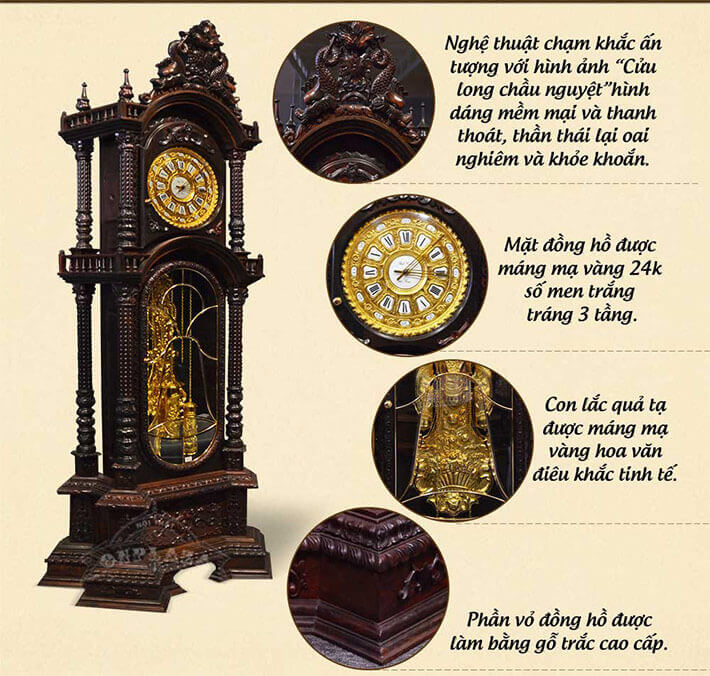 Đồng hồ cây kiểu cổ điển với nét trạm khắc độc đáo bằng gỗ Trắc đang được trưng bày tại cửa hàng