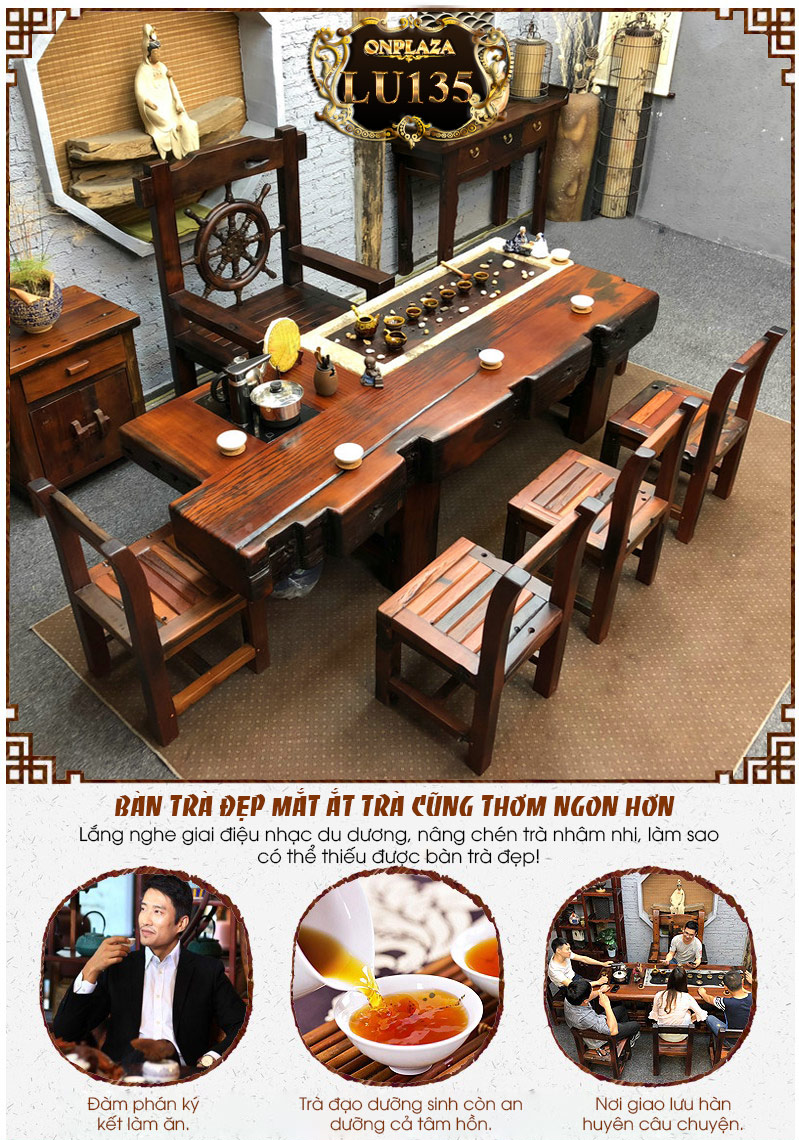 Bộ bàn ghế phòng khách kiểu cổ bằng gỗ đóng thuyền LU135