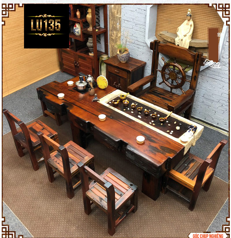 Bộ bàn ghế phòng khách kiểu cổ bằng gỗ đóng thuyền LU135