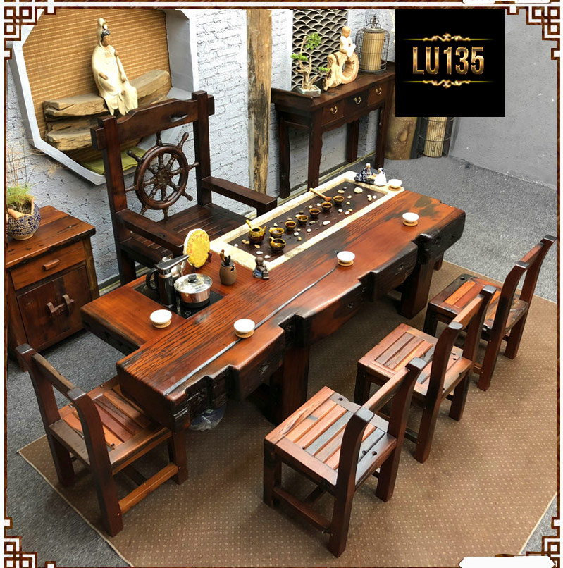 Bộ bàn ghế phòng khách kiểu cổ bằng gỗ đóng thuyền LU135