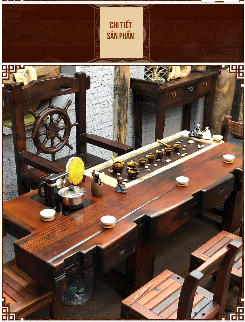 Bộ bàn ghế phòng khách kiểu cổ bằng gỗ đóng thuyền LU135