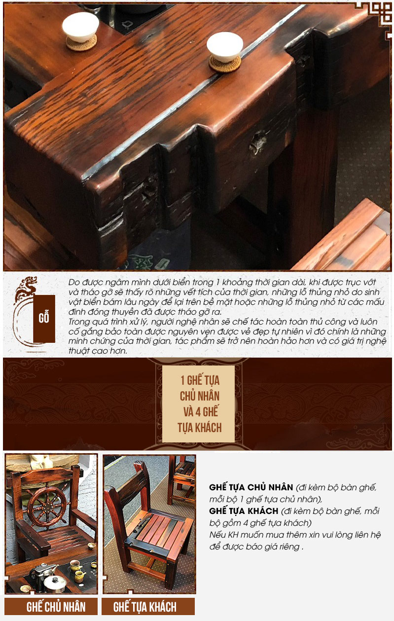 Bộ bàn ghế phòng khách kiểu cổ bằng gỗ đóng thuyền LU135