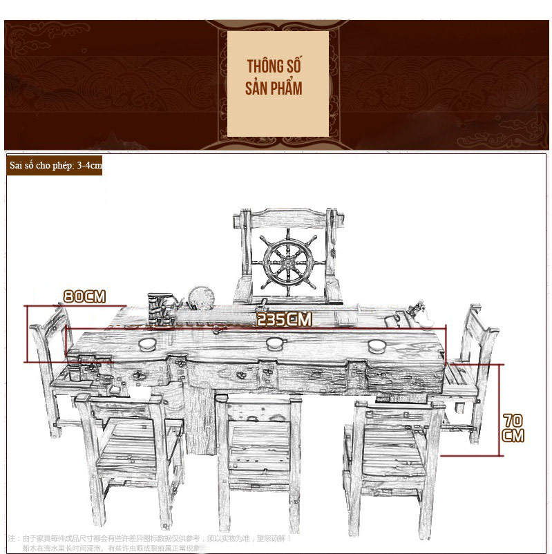 Bộ bàn ghế phòng khách kiểu cổ bằng gỗ đóng thuyền LU135