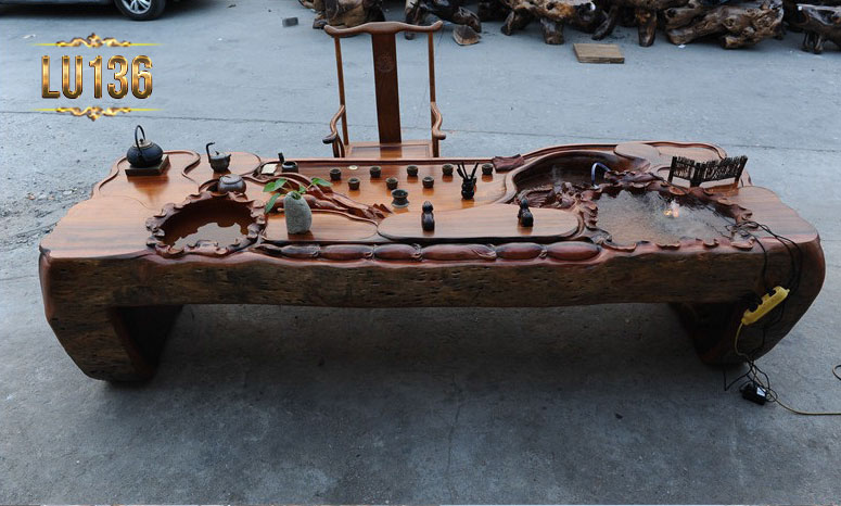 Bộ bàn trà nghệ thuật phong thủy gỗ Lũa Okan chạm khắc LU136
