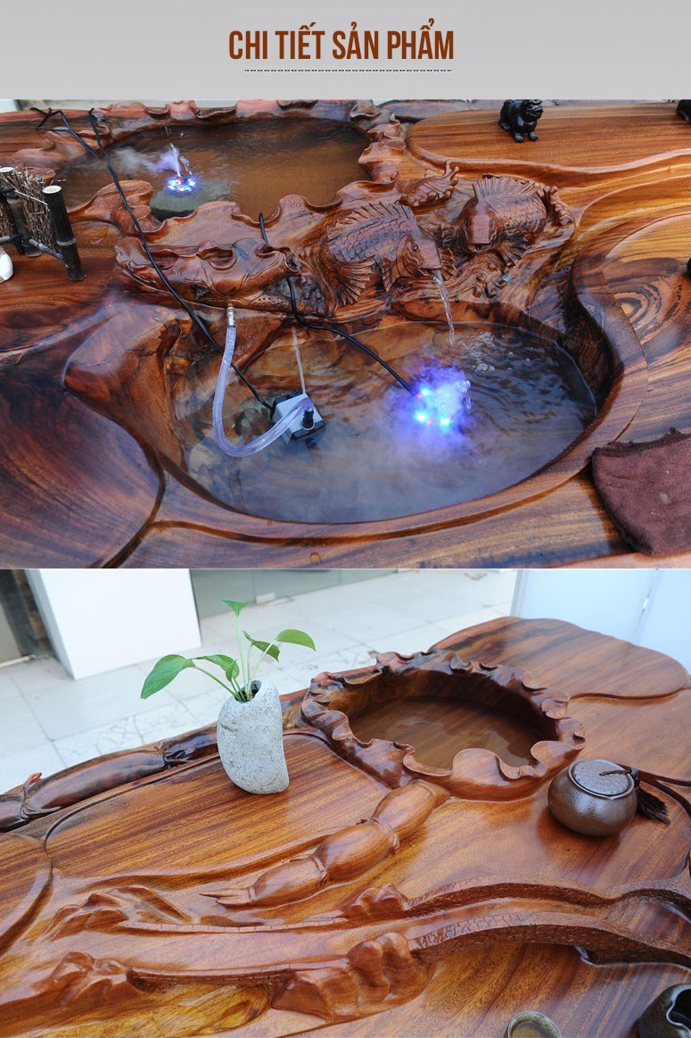 Bộ bàn trà nghệ thuật phong thủy gỗ Lũa Okan chạm khắc LU136