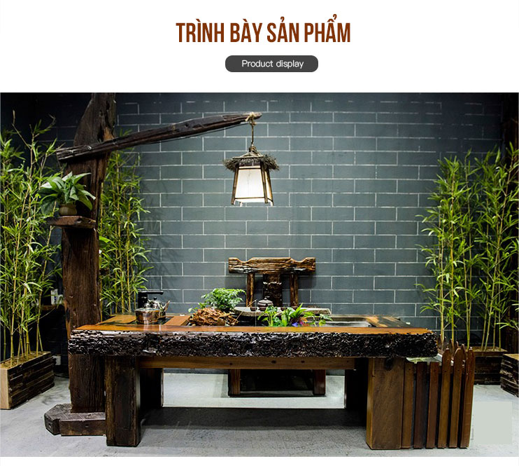 Bộ bàn trà gỗ đóng thuyền cũ gắn tiểu cảnh phong thủy cùng bếp pha trà đa năng độc đáo LU145