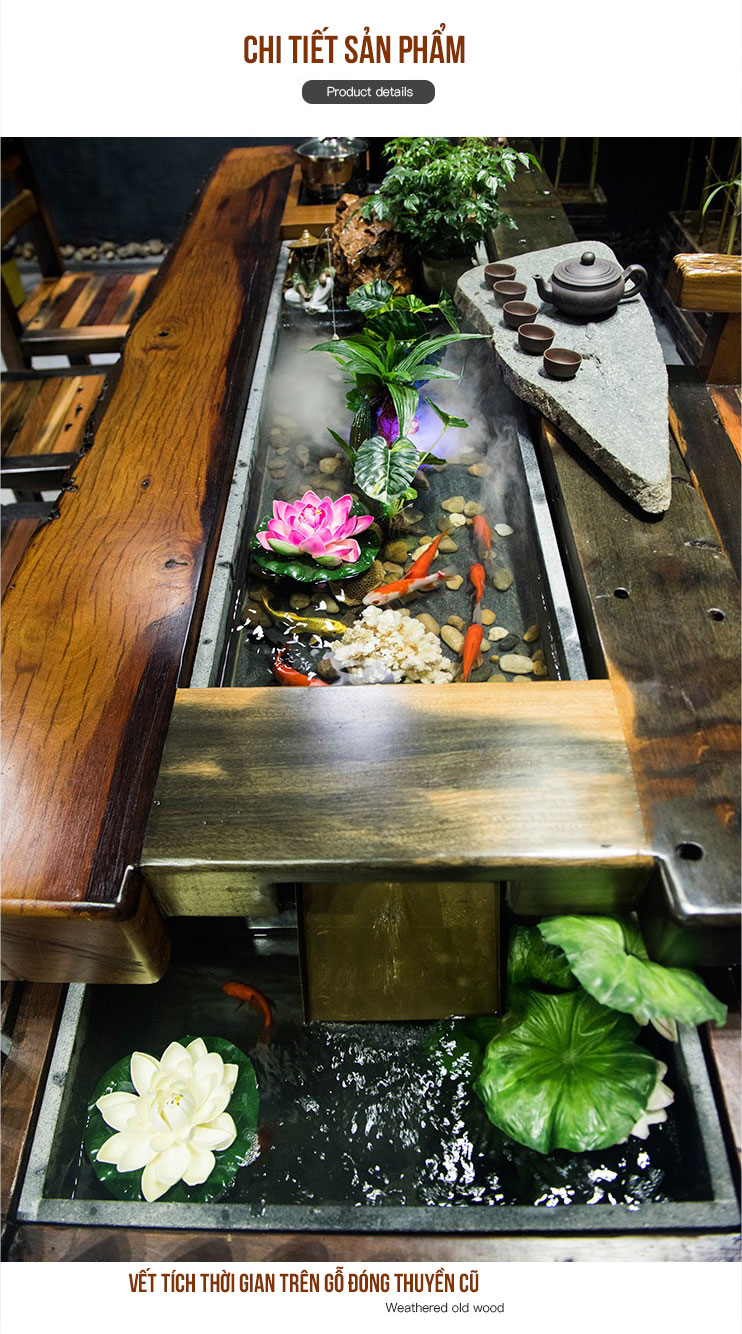 Bộ bàn trà gỗ đóng thuyền cũ gắn tiểu cảnh phong thủy cùng bếp pha trà đa năng độc đáo LU145