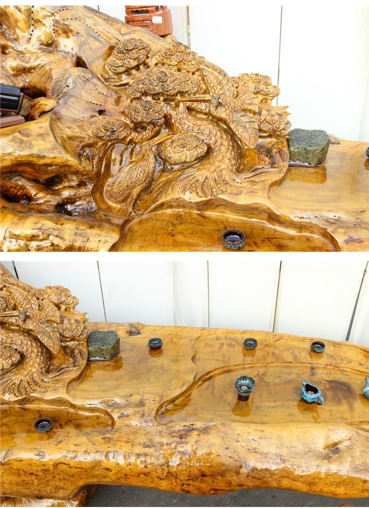 Bàn trà dài chạm khắc nghệ thuật gỗ lũa long não (hàng độc) LU148