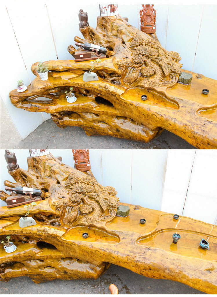 Bàn trà dài chạm khắc nghệ thuật gỗ lũa long não (hàng độc) LU148