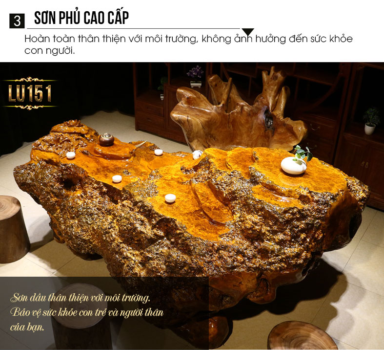 Bàn trà gỗ nu Long Não quý chạm khắc nghệ thuật tự nhiên (hàng độc) LU151