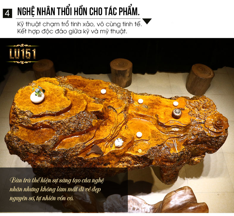 Bàn trà gỗ nu Long Não quý chạm khắc nghệ thuật tự nhiên (hàng độc) LU151