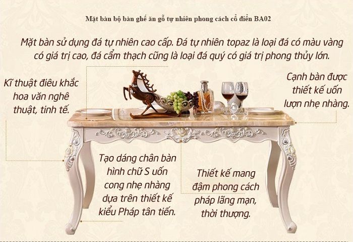 Mặt bàn bộ bàn ghế ăn gỗ tự nhiên được làm bằng đá cẩm thạch thiên nhiên