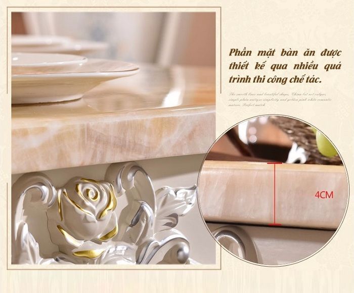 Phần mặt bàn là đá cẩm thạch dày 4cm có khả năng chịu nhiệt, chịu lực tốt