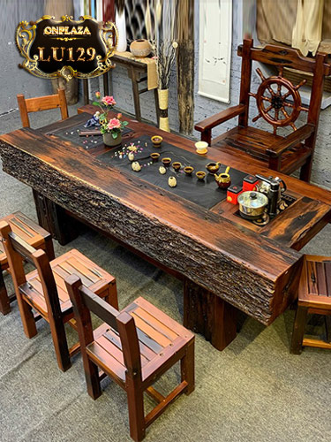 Bộ bàn ghế gỗ phong cách hoài cổ kèm bếp pha trà và bàn cờ