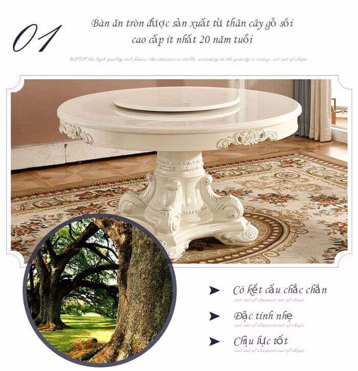 Bộ bàn ăn tròn được sản xuất từ thân cây gỗ sồi cao cấp