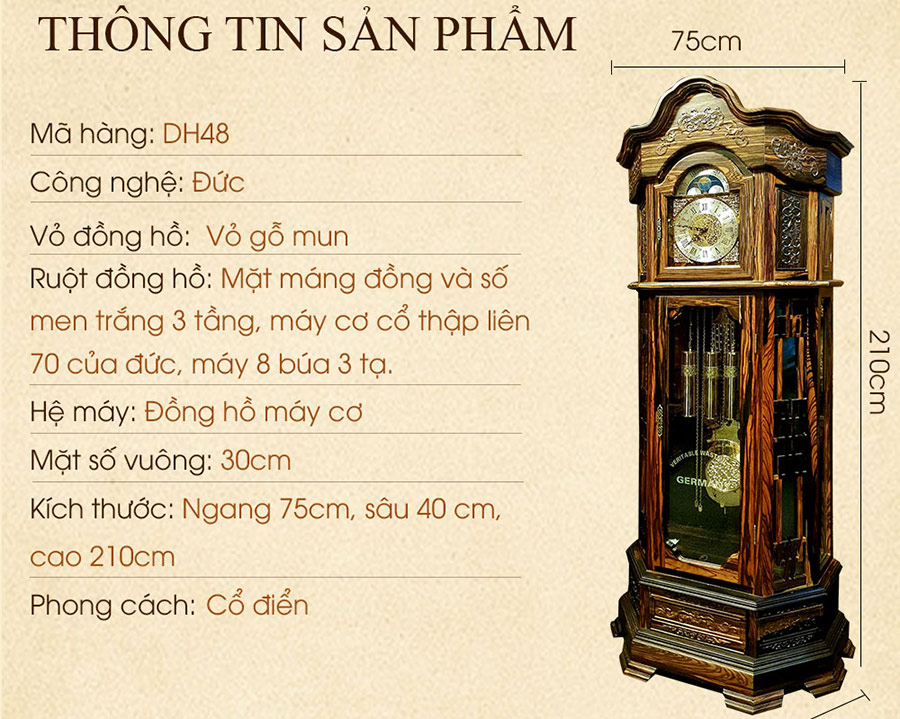 Thông tin chi tiết về sản phẩm Đồng hồ cây máy cổ Đức làm từ gỗ Mun hoa