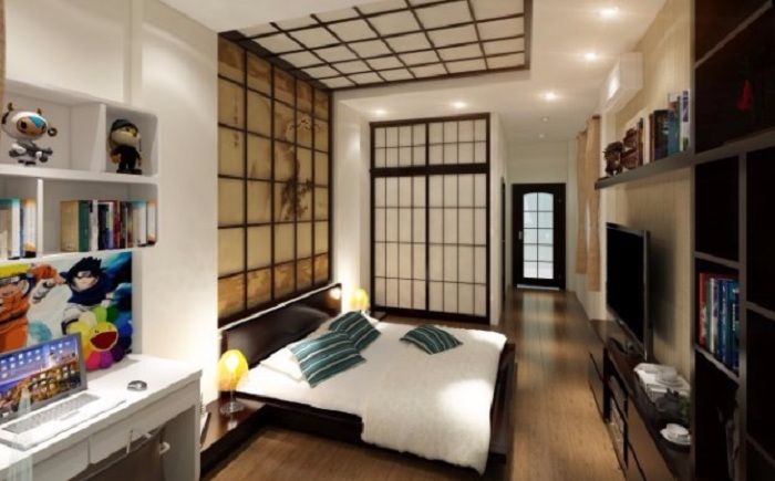 Màu sắc trầm của kệ tivi phòng ngủ được người Nhật yêu thích