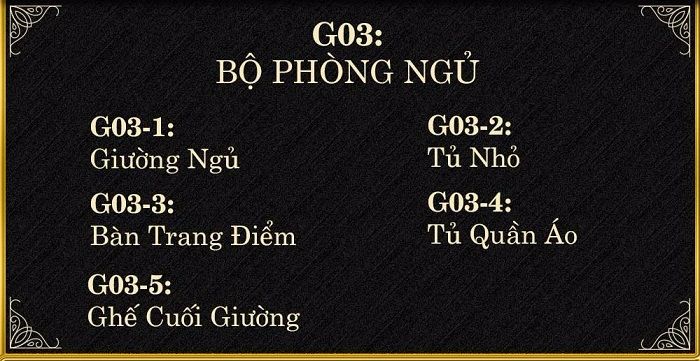 Bộ sản phẩm gồm có 5 mã sản phẩm G03-1 đến G03-5