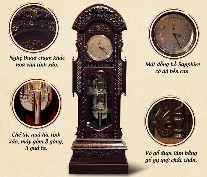 Đồng hồ quả lắc " Đồng hồ cây " cũng được làm bằng gỗ Gụ đẹp và độc đáo