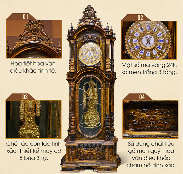 Mẫu đồng hồ cây nhập khẩu Đức mang nét phong cách kiểu Pháp bằng gỗ Mun Hoa