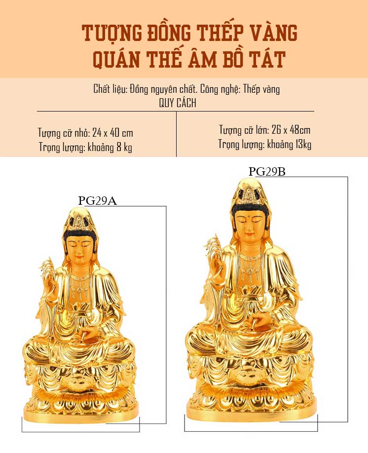 Tượng quan âm bồ tát thếp vàng quy cách cùng trọng lượng khoảng 13kg