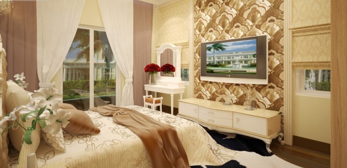 Mẫu kệ tủ tivi tân cổ điển đơn giản nhưng hài hòa với phòng ngủ