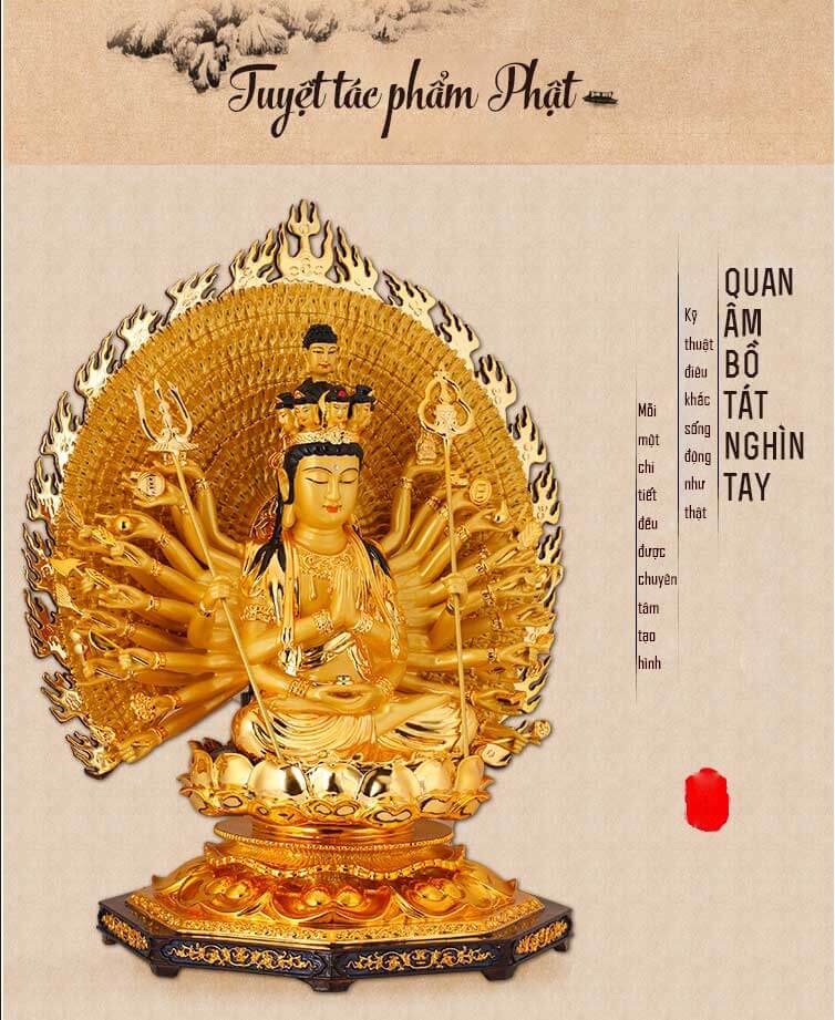 Tượng đồng thếp vàng Phật Bà Quan Âm nghìn mắt nghìn tay