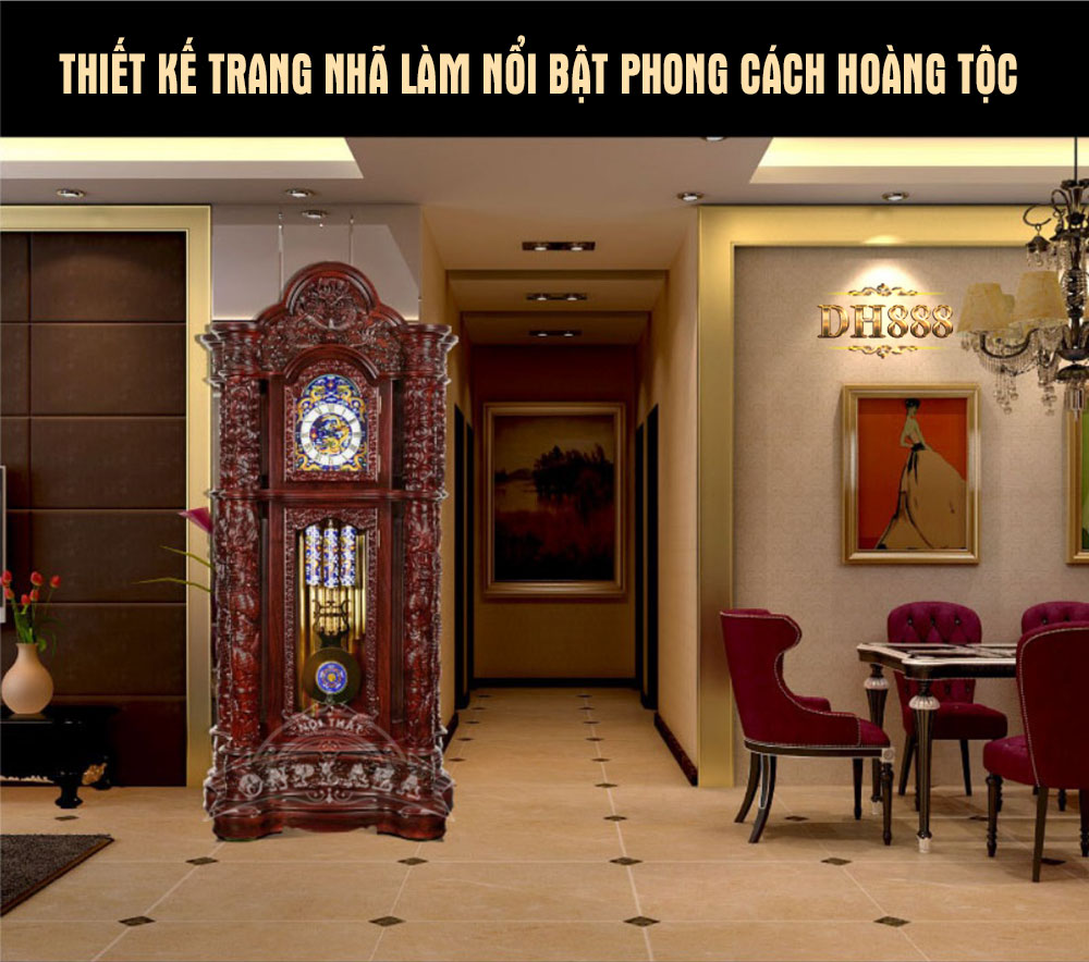 Đồng hồ cây DH13 gỗ hương phong cách hoàng tộc chạm khắc Rồng nhả ngọc