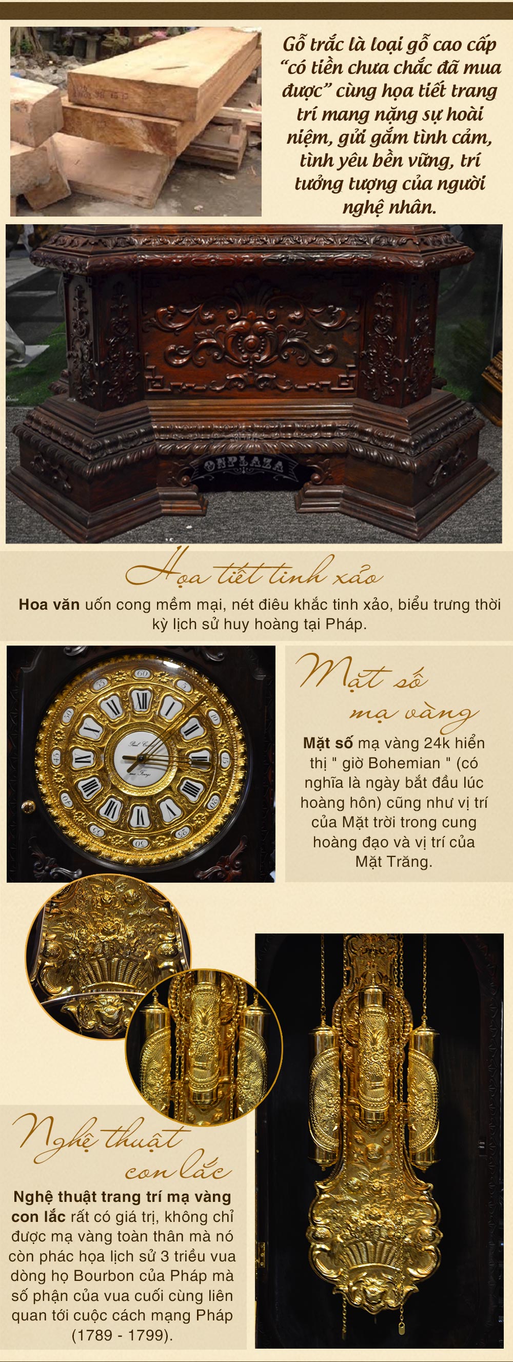 Đồng hồ cây gỗ trắc DH20 kiểu cổ Pháp mạ vàng 24k nhập khẩu