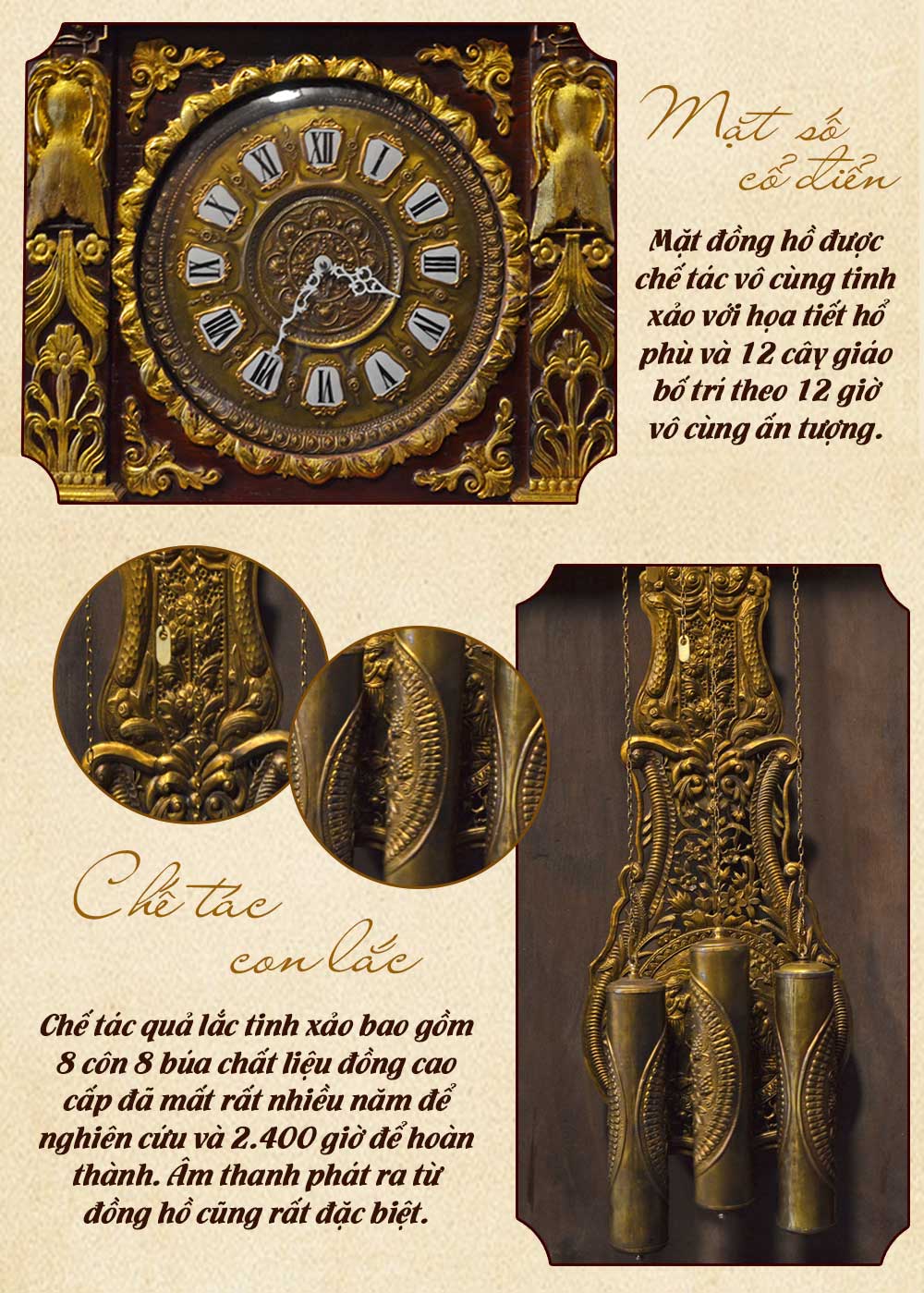 Đồng hồ cây cổ điển DH22 gỗ gụ mạ vàng nhập khẩu Đức